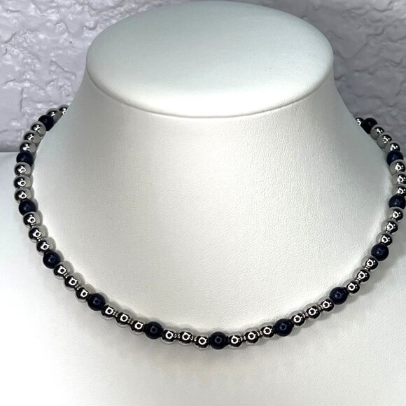 Vtg Talbots Womens Silver-tone & Navy Bead Necklace 16" Choker Layering Estate - Picture 1 of 10